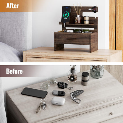 NiHome Wooden Nightstand Organizer for Men, Solid Wood Charging Dock for Smartphone, Smartwatch, Tablet, Wallet, Keys, Glasses, Accessories, Easy Assembly Stylish Design for Classic & Modern Interiors