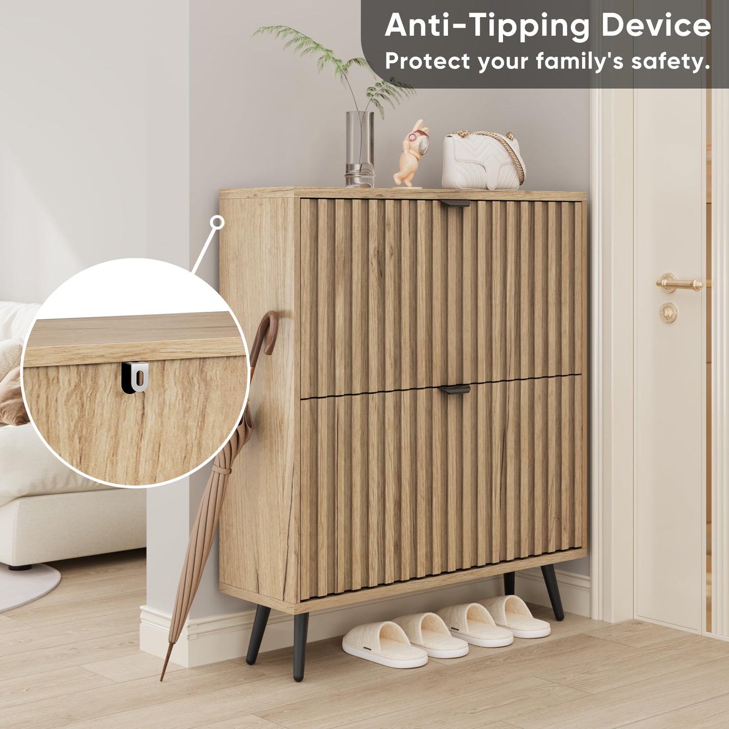 Smuxee Shoe Cabinet with 2 Flip Drawers, 31.5" Natural Hidden Shoe Storage Cabinet with Fluted Design, Freestanding Shoe Organizer Cabinet for Entryway, Hallway, Closet, Living Room
