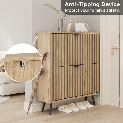 Smuxee Shoe Cabinet with 2 Flip Drawers, 31.5" Natural Hidden Shoe Storage Cabinet with Fluted Design, Freestanding Shoe Organizer Cabinet for Entryway, Hallway, Closet, Living Room