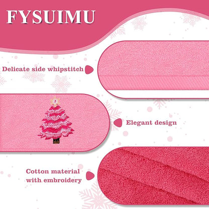 3Pcs Christmas Pink Hand Towel Set Cotton Xmas Tree Santa Snowman Bathroom
