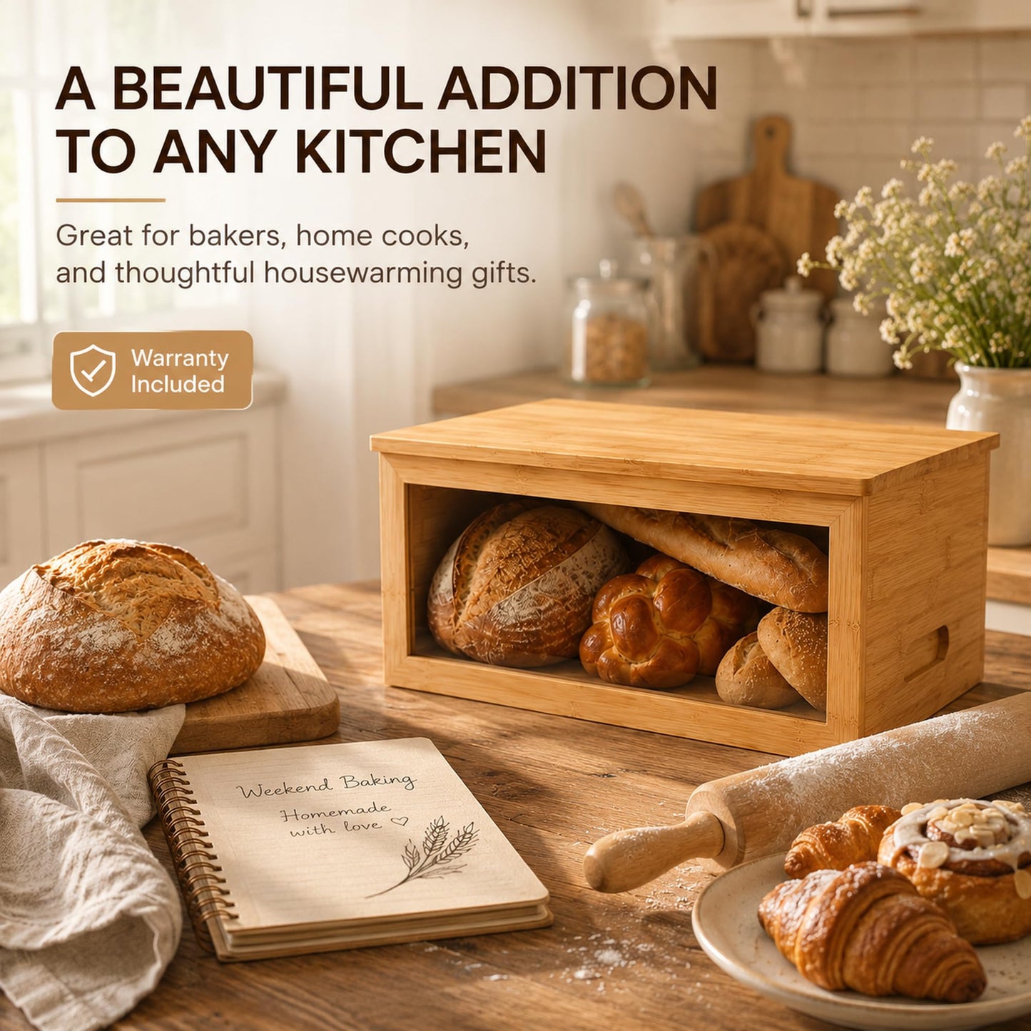 Inspera Bamboo Bread Box with Cutting Board Lid – Large Wooden Kitchen Countertop Storage Bin for Loaves and Pastries – Clear Acrylic Window Display – 15.4 x 9.9 Inch