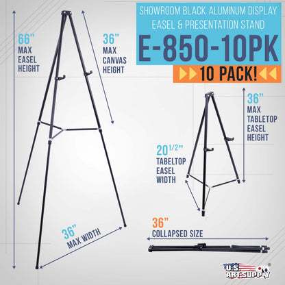 U.S. Art Supply 66" High Black Metal Display Art Easel (10 Pack) - Large Adjustable Height Portable Easel Stand, Sign Display, Holds 25 lbs - Floor & Tabletop Easels, Sign Stand