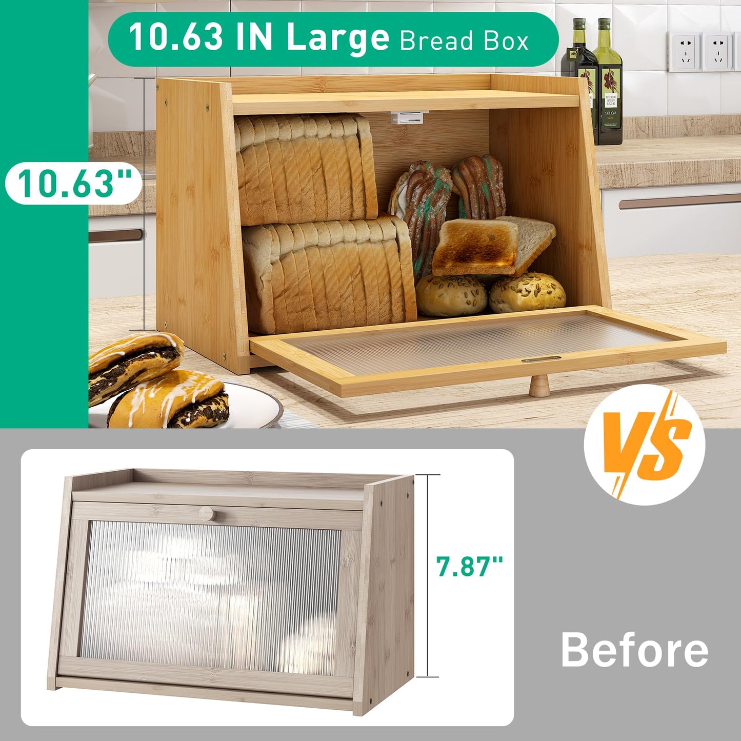 kiplant Bread Box for Kitchen Counter, Large Bamboo Bread Storage Container with Wavy Arcylic Door, Bamboo Wooden Farmhouse Bread Box for Your House (Natural, Medium)
