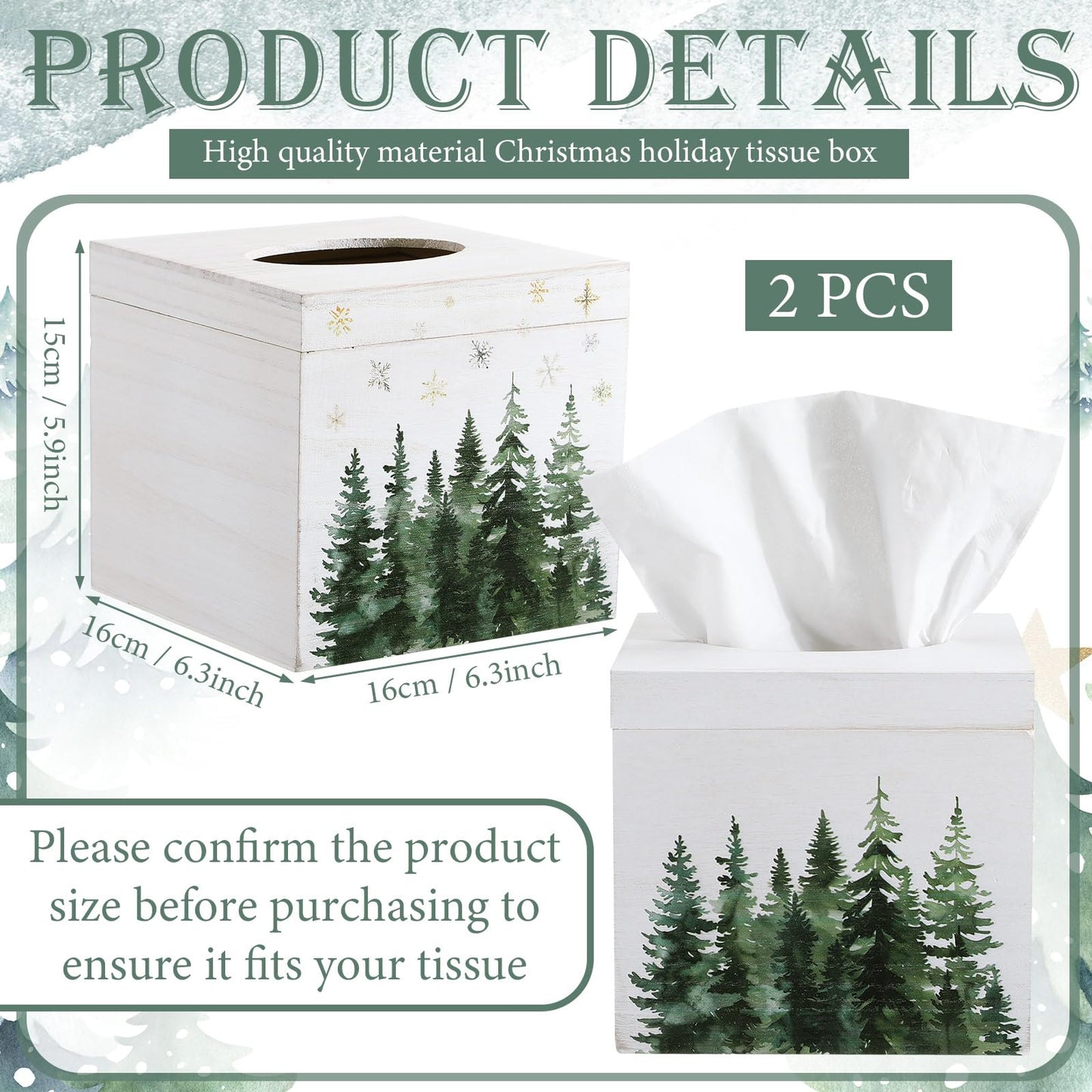 Yalikop 2 Pcs Christmas Tissue Boxes Cover 6 Inch Christmas Winter Holiday Xmas Pine Trees Square Tissue Case Cover Holder T for Square Wooden Decorative for Home Living Room Bathroom Office Decor
