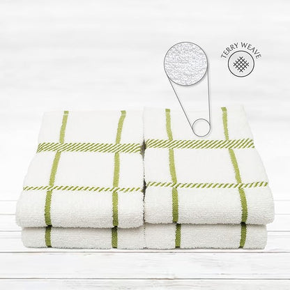 100% Cotton Terry Dish Towels, 4 Pack Checks, 16 x26 Inches, Super Soft and
