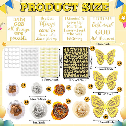 Feifeiya 44 Pcs DIY Graduation Cap Decoration Accessory Kit Faux Paper Flower Head Graduation Quote Glitter Sticker 3D Butterfly Pearl Rhinestone Sticker for Grad Cap Topper Gift(Gold)