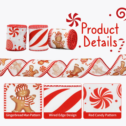 CRAFLOX Christmas Gingerbread Wired Ribbon for Wreath Bows, 3 Rolls, 2.5″ Wide, 15 Yards Total, Red Gingerbread Candy Wired Ribbon for Crafts Supplies, DIY Bows