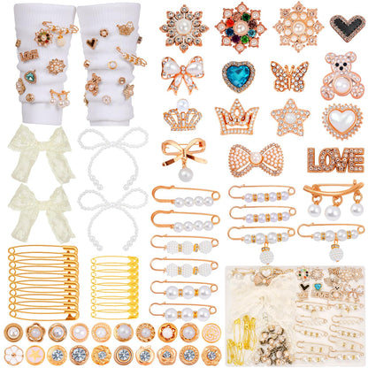 LovelyMoon 70 Pcs Junk Socks Charms Kit, Gold Brooches and Pins for Women, Pearl and Rhinestone Sock Charms with Safety Pins, DIY Accessories for Decorating and Personalizing Socks