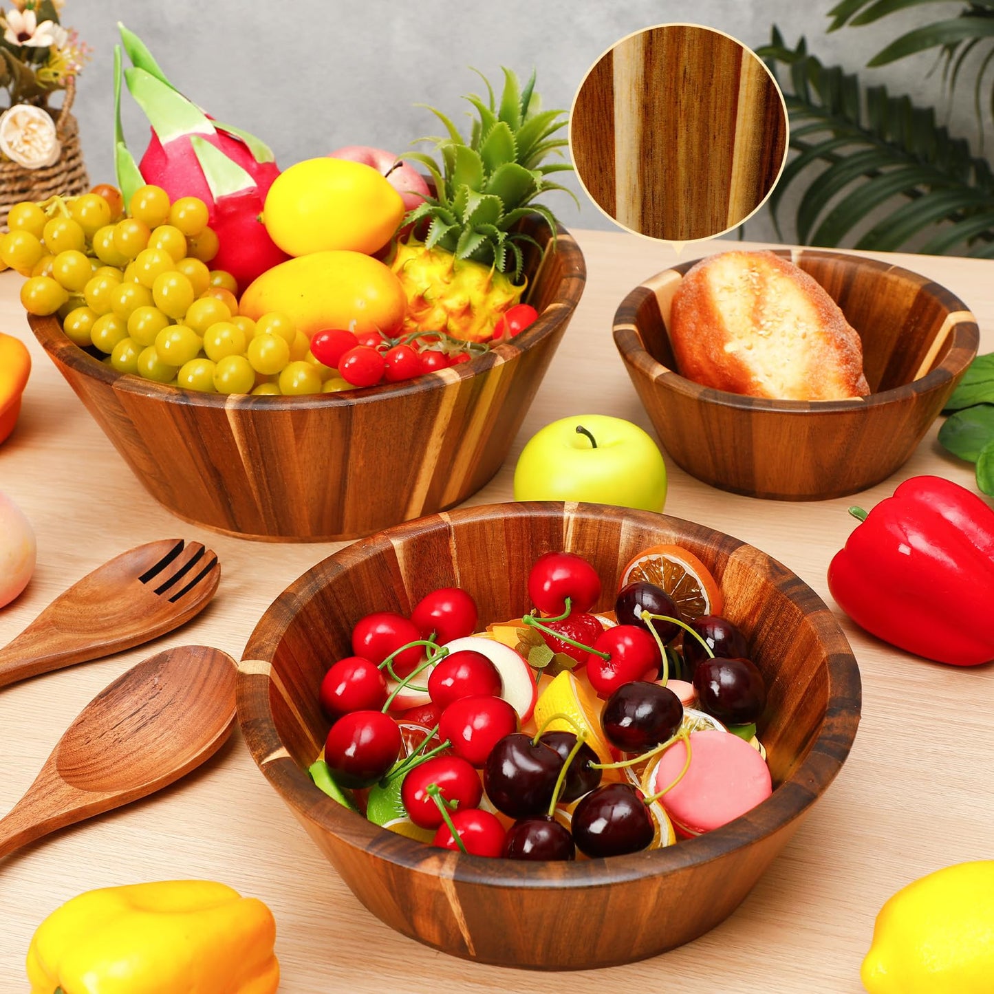 Yunlly Wooden Salad Bowl Set of 5 - Large Fruit Mixing Bowls with Salad Servers Utensils for Serving Dining Accessory - Handmade - Acacia Wood - Large 12", Medium 10", Small 8" (Wavy Design)