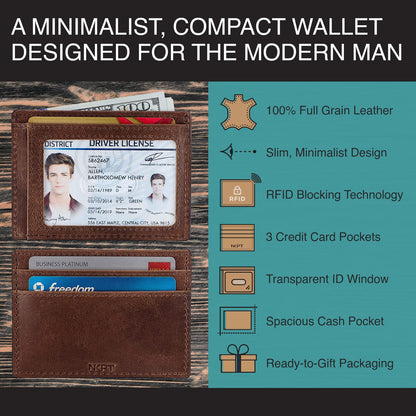 NKPT Thin RFID Leather Credit Card Holder Wallet for Men or Women | Small Slim Design, Classic Brown