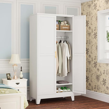 winiowa Metal Armoire Wardrobe Closet with 2 Doors, 71" Wardrobe Cabinet with Adjustable Shelves and Hanging Rod, Clothing Storage Cabinet Closet for Bedroom-White