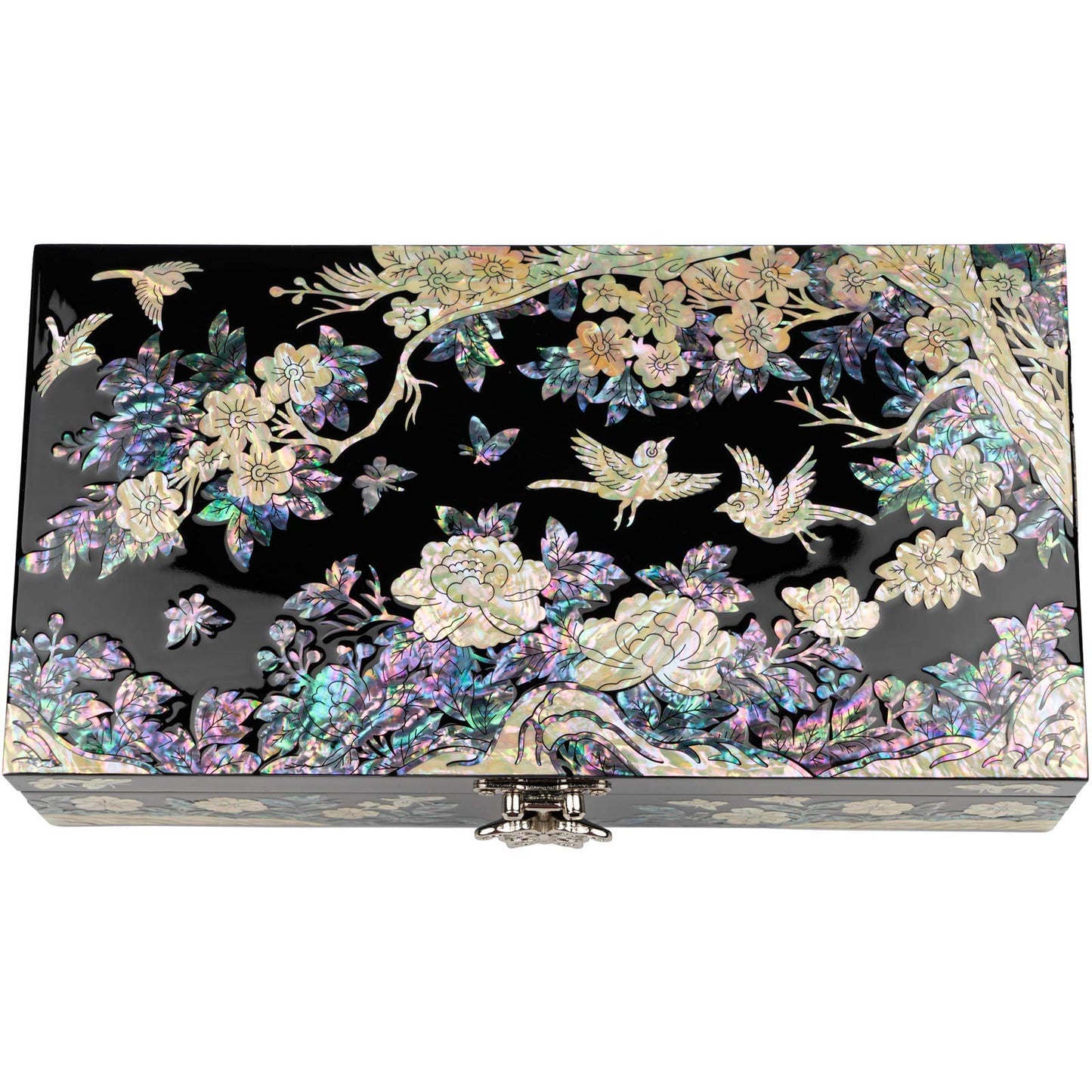 February Mountain Mother of Pearl Large Jewelry Box with Ring Tray - Handmade Unique Gifts for Women - Abalone Shell Keepsake Decorative Box