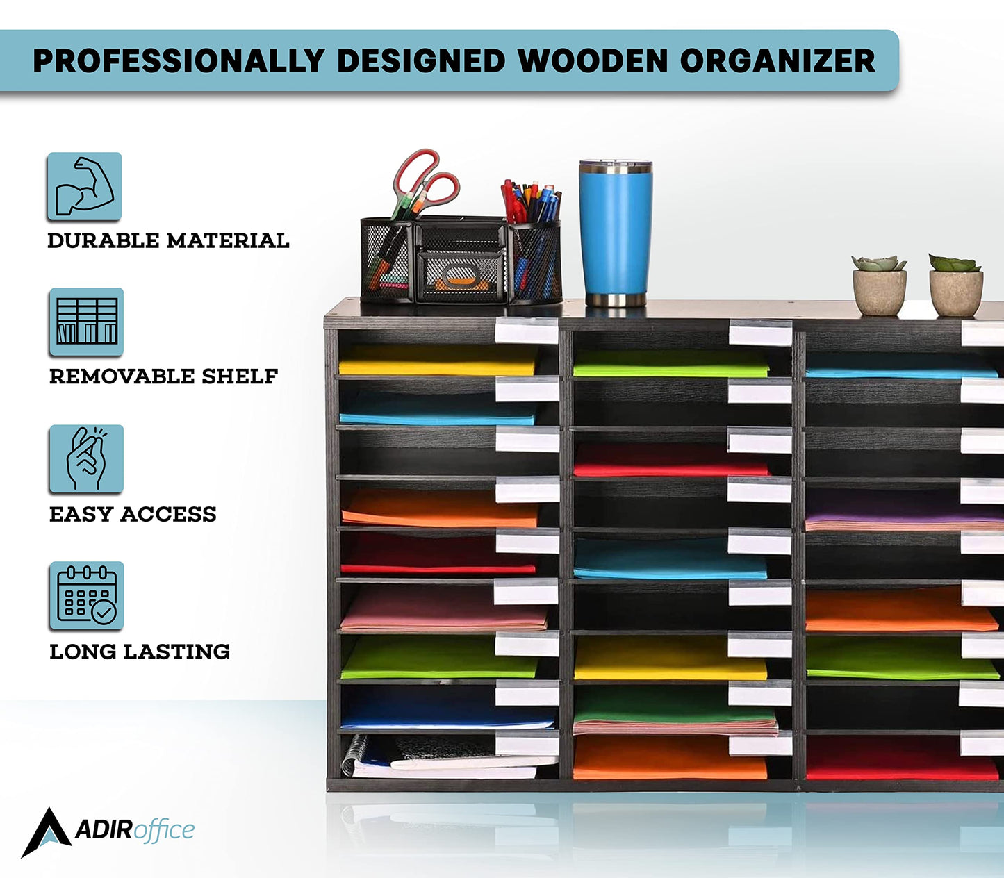 AdirOffice Classroom Mailbox - Wooden Literature Organizer , Construction Paper Storage Organizer , Mail Sorter with Slots , Office Mailboxes With Removable Shelf (27 Slot , Black)