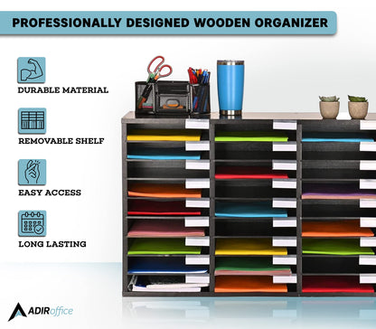 AdirOffice Classroom Mailbox - Wooden Literature Organizer , Construction Paper Storage Organizer , Mail Sorter with Slots , Office Mailboxes With Removable Shelf (27 Slot , Black)