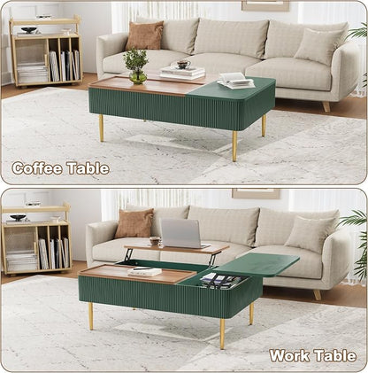 HLR 47" Dual Lift Top Coffee Table with Storage, Modern Wood Fluted Coffee Table with Hidden Compartment,Lift Tabletop Dining Center Table for Living Room, Office (Green)