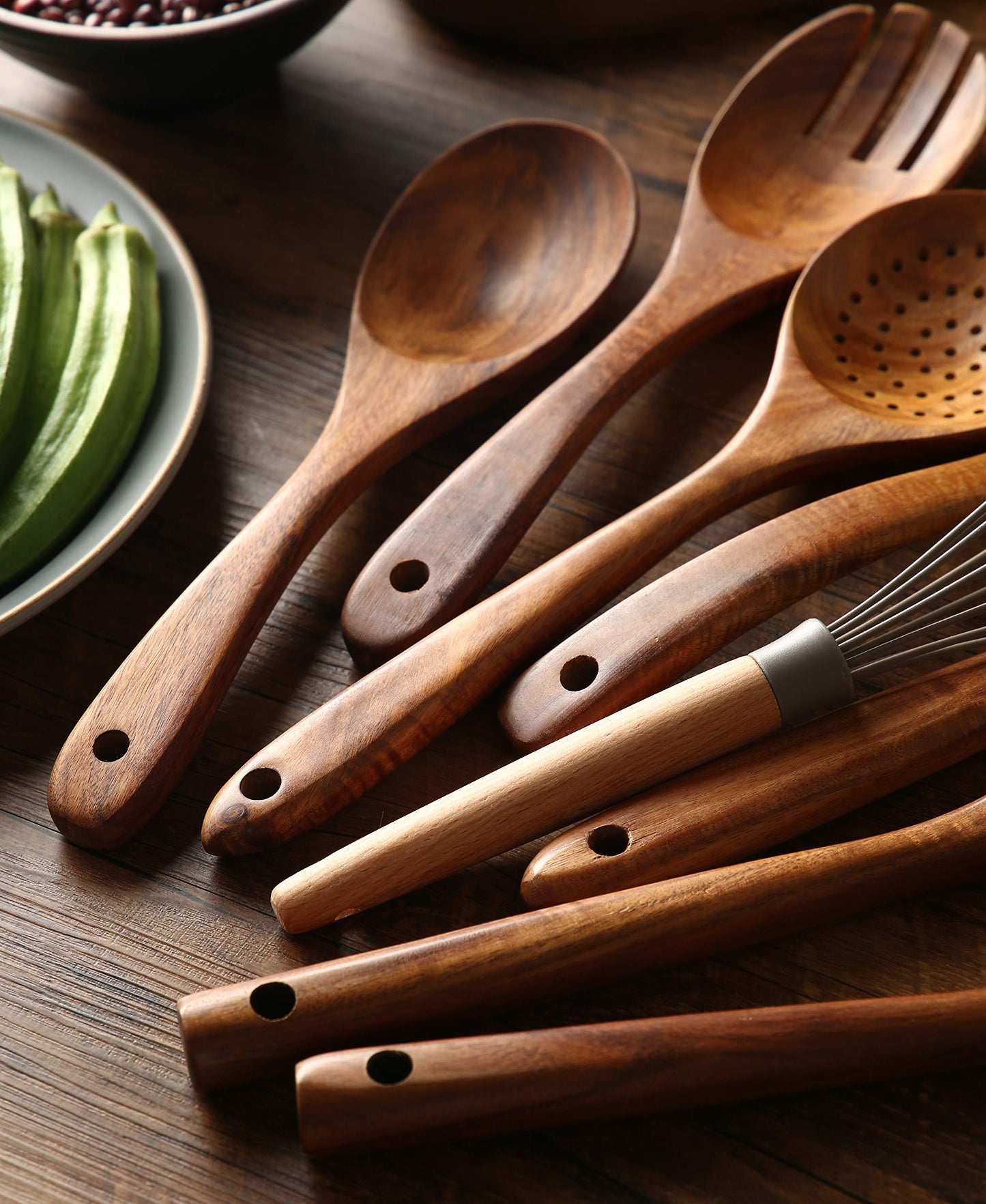 NAYAHOSE Wooden Kitchen Utensils Set with Holder, NAYAHOSE 9 Pcs Teak Wood Spoons for Cooking Spatula Set with Stainless Steel Storage Barrel