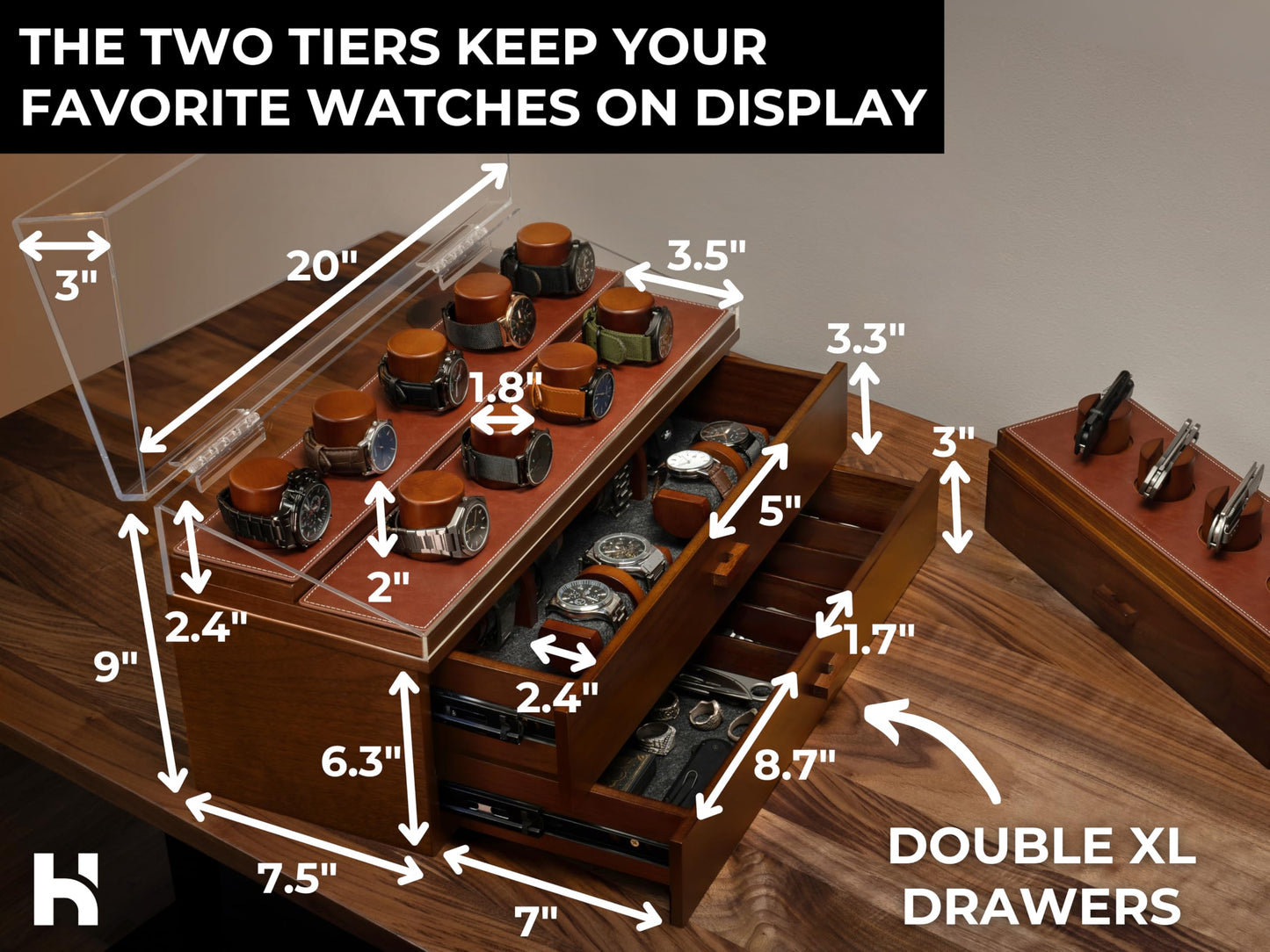 Premium 17 Slot Watch Box for Men - Extra Large Wooden Watch Display Case with Hinged Cover, Leather Lining & 2 Drawers - Watch Holder Organizer Stand - Handcrafted Luxury Father's Day Present for Men