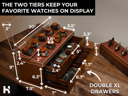 Premium 17 Slot Watch Box for Men - Extra Large Wooden Watch Display Case with Hinged Cover, Leather Lining & 2 Drawers - Watch Holder Organizer Stand - Handcrafted Luxury Father's Day Present for Men