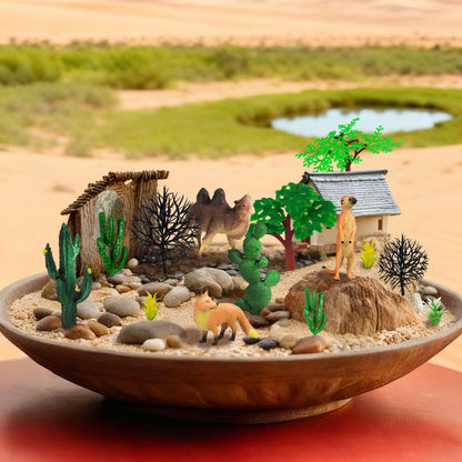 MOMOONNON 34pcs Desert Animal Figures Mixed Diorama Model Plants Artificial Animals with Camel Fox Meerkatz Gazelle for Crafts Building Model Desert Scenery Landscape Supplies