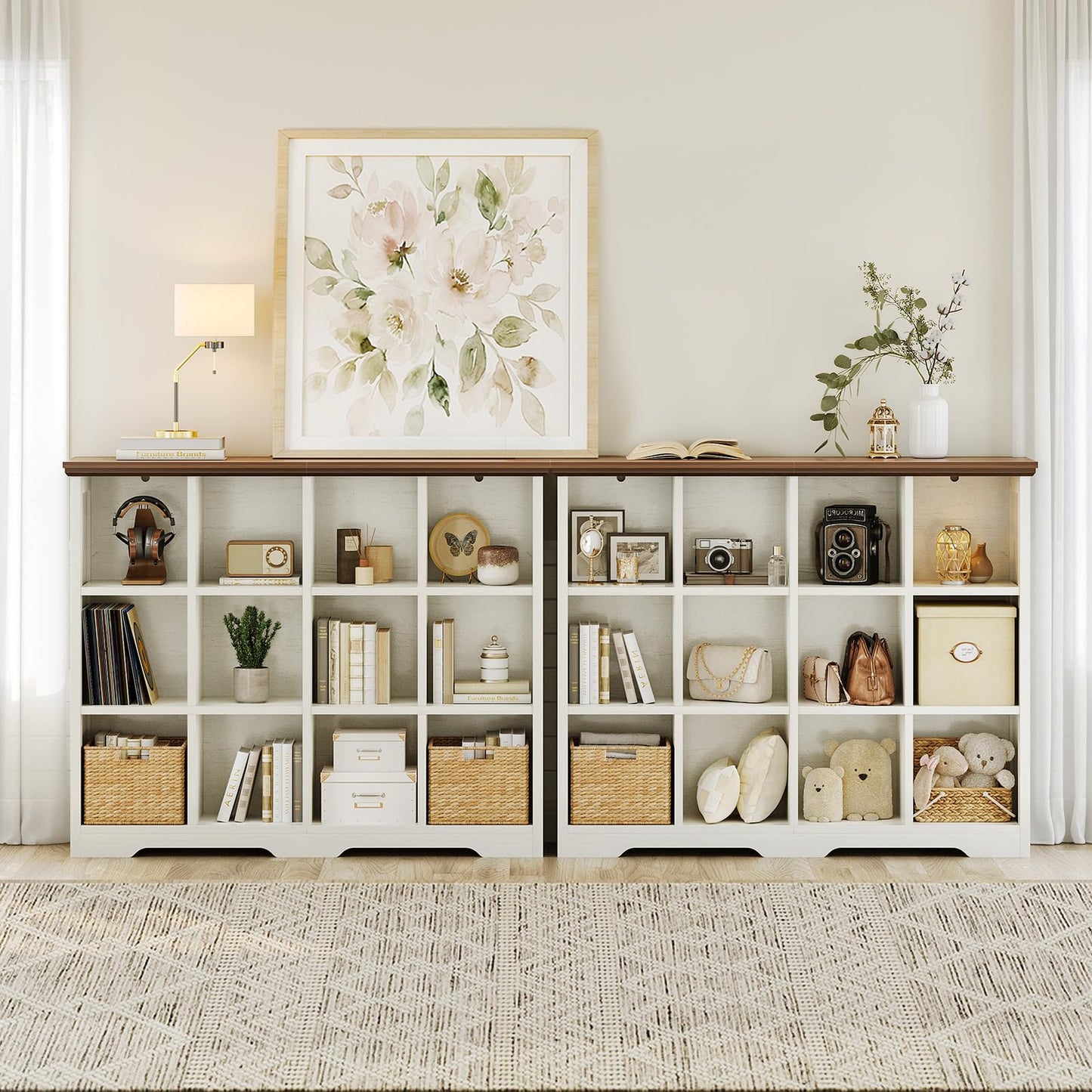 OffiGo 8 Cube Organizer Bookcase, Modern Farmhouse Open Shelf for Storage Bins & Decor, Display Bookshelf Console Closet for Living Room, Bedroom, Home Office, Walnut+White