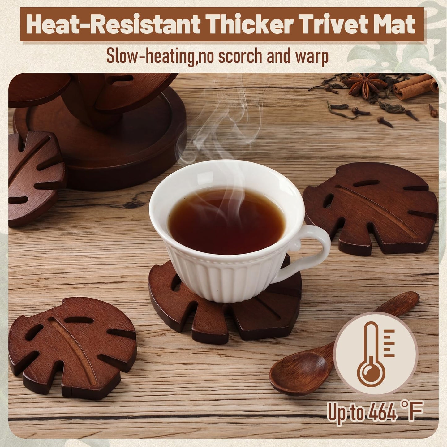 Zhehao 7 Pcs Bamboo Wooden Tree Trivets with Storage Stand, Tea Brown Tree Shape Coaster Trivet Set for Hot Dishes Pot Bowl Teapot Heat Resistant Mat Set for Countertop Kitchen Dining Table
