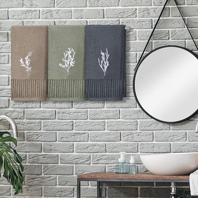 3 Pcs Boho Botanical Hand Towels Bathroom Decor Retro Embroidered Minimalist
