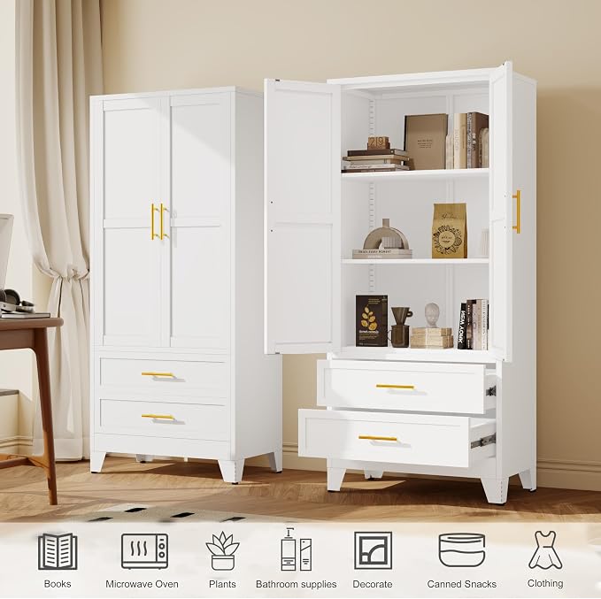 GAIOUS Steel Pantry Cabinet, 71" Metal Storage Cabinets | with 2 Doors, 2 Adjustable Shelf and 2 Drawers, Freestanding Storage Cabinet for Bedroom, Kitchen, Home Office (White)