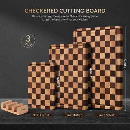 Nomsters 3 Packs Cutting Boards for Kitchen Checkered Cutting Board Acacia Wood Charcuterie Board Serving Heavy Duty Non Toxic Slip Butcher Block Wood Chopping Board with Juice Grooves Handles