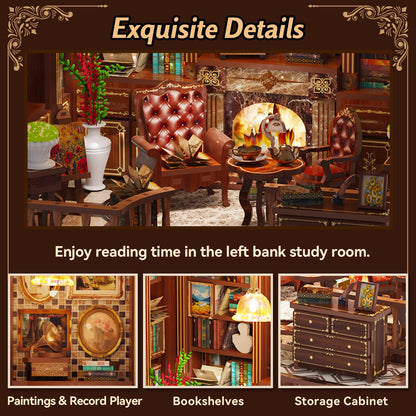 Hallisun DIY Miniature House Kit, Mini 3D Wooden Left Bank Study Building Kit with Furniture and LED, Tiny Diorama Dollhouse Model Set, Handmade House Craft Birthday for Adults Teens