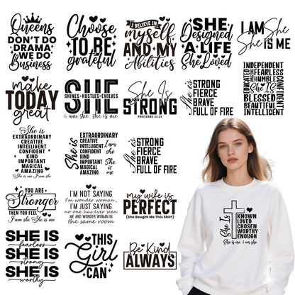 Falueqg Dtf Transfers Ready to Press - 20Pcs Woman Affirmation Iron on Transfer for Tshirts, Inspirational Positive Quotes Iron on Decals Patches, Motivational Heat Stickers for DIY Clothes Bags