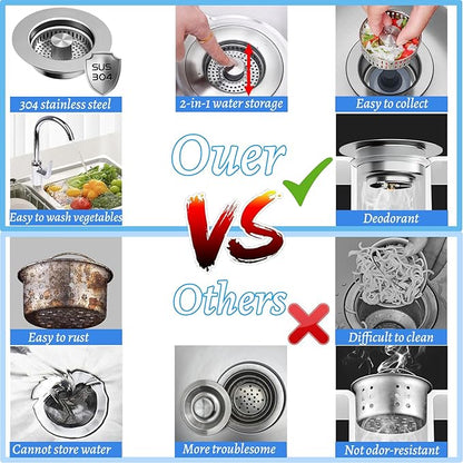 2 Pcs 3 in 1 Kitchen Sink Drain Strainer, Universal Stainless Steel Kitchen