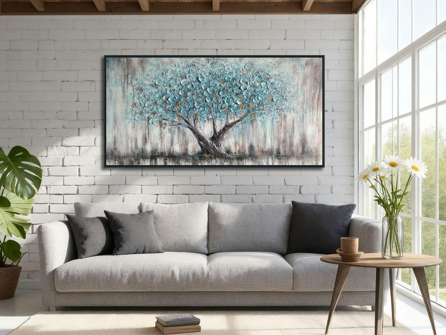 Arjun Tree Wall Art Canvas for Living Room Blue Tree of Life Nature Teal Abstract Textured Painting Picture Modern Panoramic Landscape Artwork Framed Bedroom Home Office Decor, Large Size 40"x20"