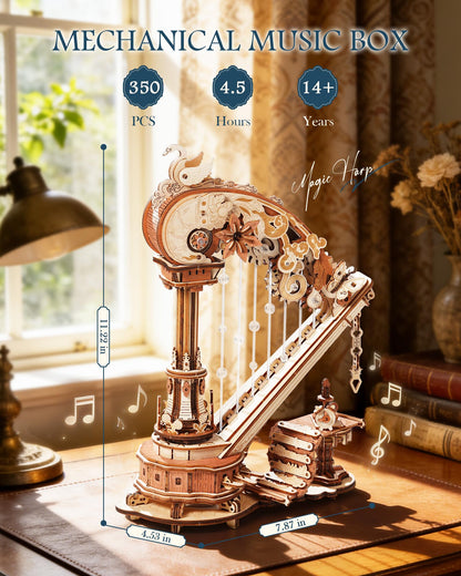 ROKR 3D Wooden Puzzle Harp Music Box, Building Model Kit with Mechanical Movement, Gift for Adults Women, Elegant Home Decor for Desk & Shelf