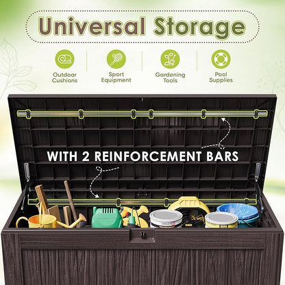 Devoko 125 Gallon Outdoor Storage Box, Waterproof Resin Deck Box for Patio Furniture, Lockable Container for Garden Cushions & Pool Supplies (Brown, 125 Gallon)