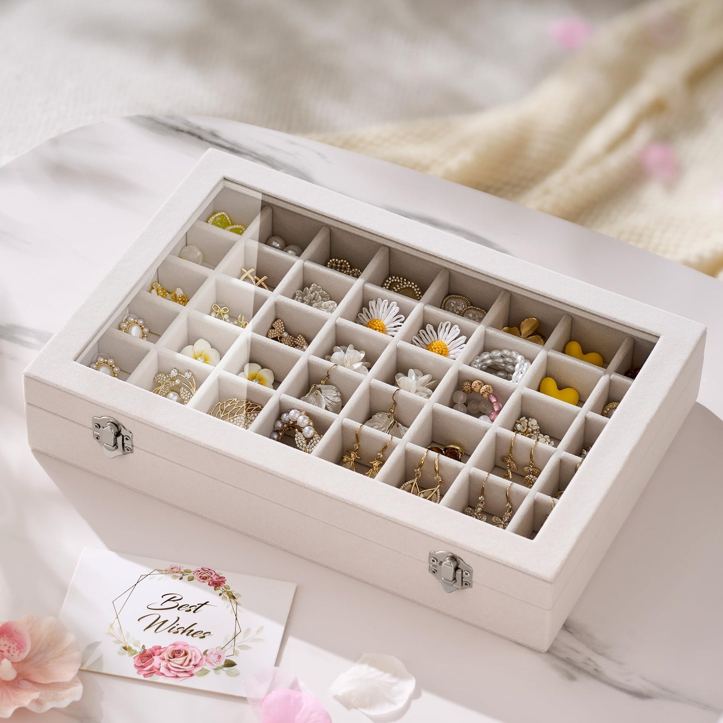 Josmimic 48 Grid Earring Organizer and Storage: Velvet Jewelry Tray with Lid, Jewelry Box for Studs, Earrings, Rings, Necklaces, Dresser & Vanity, Earrings Case for Girls, Women, 13"x8.6"x2.4", Beige
