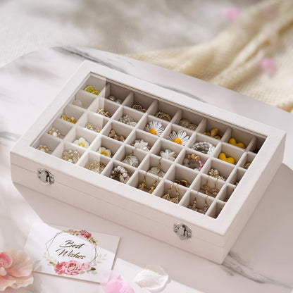 Josmimic 48 Grid Earring Organizer and Storage: Velvet Jewelry Tray with Lid, Jewelry Box for Studs, Earrings, Rings, Necklaces, Dresser & Vanity, Earrings Case for Girls, Women, 13"x8.6"x2.4", Beige
