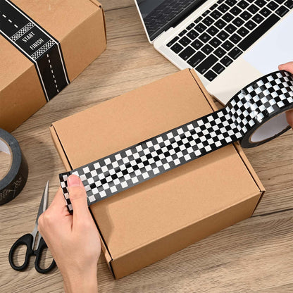 3 Rolls Black White Checkerboard Road Car Track Tape Checkered Flag Race Track Decorative Tapes for Box Scrapbook DIY Crafts Party Decorations,2Inches x 109Yards