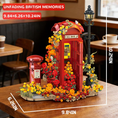 chanbrick Red London Telephone Box Building Set with Roses Flower for Adults Girls, Mailbox Phone Booth Retro Model Souvenir for Home or Office Decor - 1142PCS