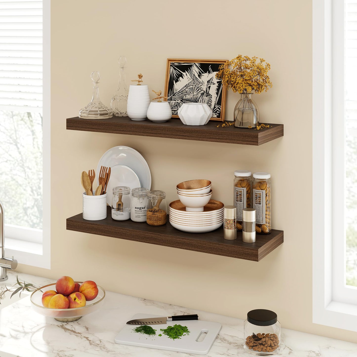 Acovy 30 Inch Floating Shelves, 9.3" Deep Floating Shelf Wall Mounted, 30" Wall Shelves, Rustic Deep Bookshelf, Large Display Shelves & Storage Shelves for Bedroom, Living Room, Walnut, Set of 2