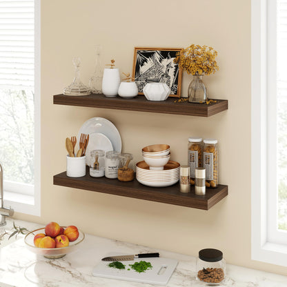 Acovy 30 Inch Floating Shelves, 9.3" Deep Floating Shelf Wall Mounted, 30" Wall Shelves, Rustic Deep Bookshelf, Large Display Shelves & Storage Shelves for Bedroom, Living Room, Walnut, Set of 2