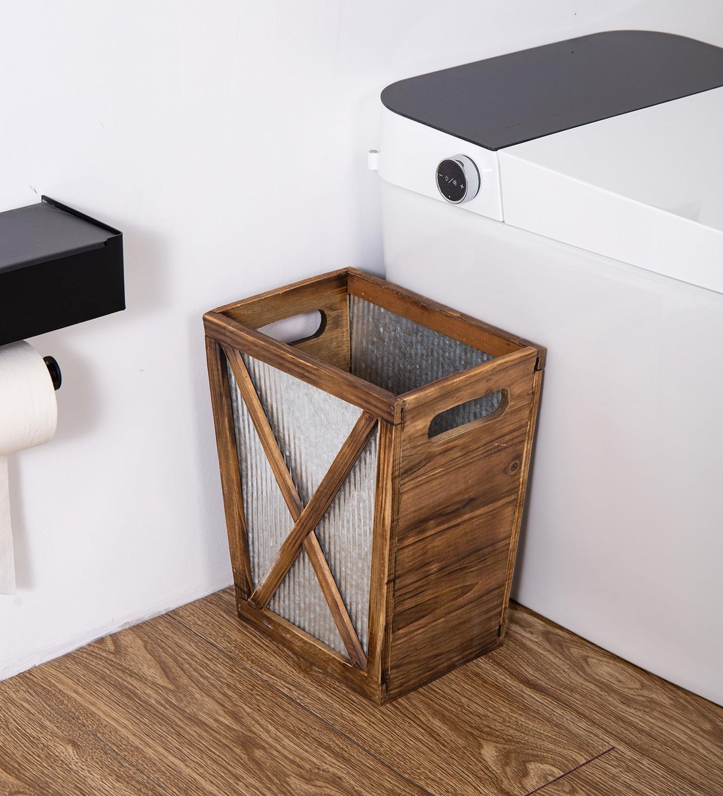 Venalys Small Wood Trash Can Wastebasket, Decorative Barn Door Garbage Can Waste Basket, Rustic Distressed Rectangular Trash Bin, Farmhouse Wooden Storage Basket Waste Paper Bin (Brown)