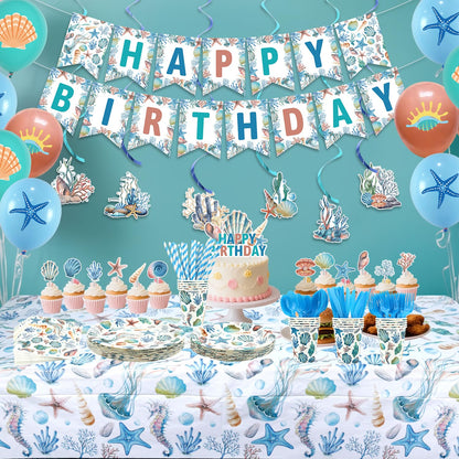 Obussgar Shells Birthday Party Decorations - Shells Party Supplies including Banner, Plate, Cake Topper, Cup, Napkin, Balloon, Tablecloth - Serves 20