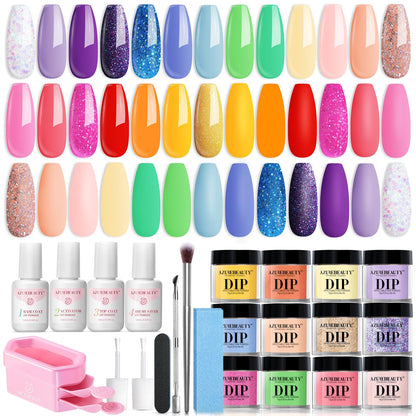 AZUREBEAUTY 31 Pcs Dip Powder Nail Kit 20 Colors Glitter Nude Brown Pink White Gray Dip Powder Liquid Set with Top/Base Coat Activator for French Nails Art Manicure DIY Salon Women Valentine's Gift