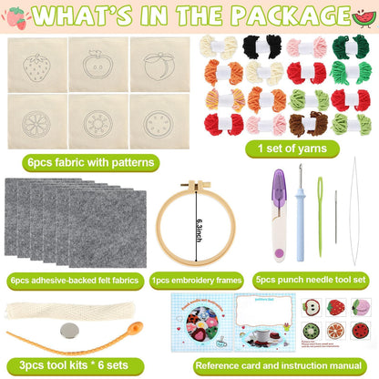 Justforjoyful 6 Set Punch Needle Embroidery Coasters Craft Kits Punch Needle Refrigerator Magnets Kit Tool Threader Fabric for Christmas Winter Beginners Adults DIY Handmade Gifts Party(Fruit)