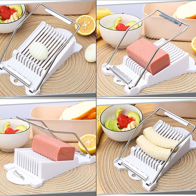 FENGCHEN Spam Slicer, Easy Luncheon Meat Cutter with Stainless Wires, Multi-purpose Soft Food Cutter for Luncheon Meat, Fruit of Kitchen Home Use, Durable and Rust Resistant Food Prep Accessory,White