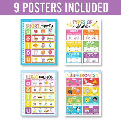 Hadley Designs Phonics Posters for Classroom Must Haves - 9 Sound Wall for Kindergarten & Elementary Teacher Supplies, Syllable, Vowels, Digraphs & Blends Bulletin Board Set, Rainbow Classrom Decor