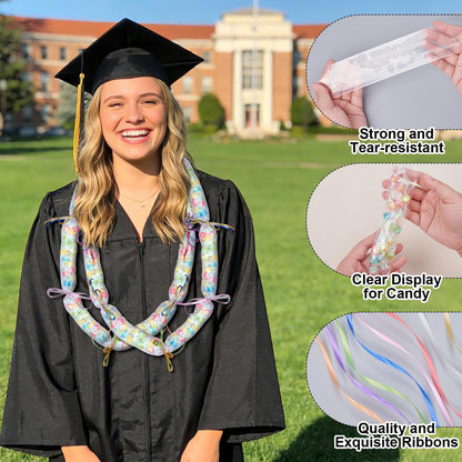 ARCTURINE 2 inch x 394 ft Candy Lei Poly Tubing with 175 yd Ribbon, Clear Graduation Candy Lei Making Kit with Plastic Poly Tube 16 Rolls Ribbon for DIY Graduation Garland Wreath Decor Snacks Wrapper