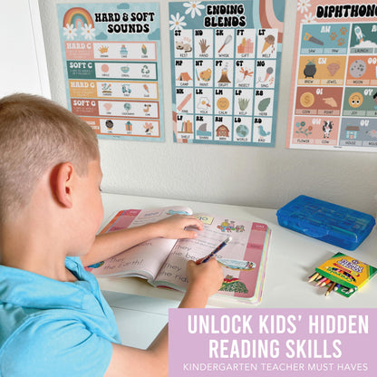 Hadley Designs Phonics Posters for Classroom Must Haves - 9 Sound Wall for Kindergarten & Elementary Teacher Supplies, Syllable, Vowels, Digraphs & Blends Bulletin Board Set, Retro Classrom Decor