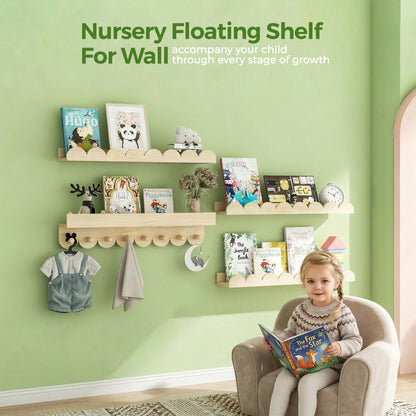 CLLASOU 24 Inch Floating Shelves for Wall, 4-Pack Nursery Book Shelves with Hooks, Scalloped Shelves, Wall Book Shelves for Kids Room, Baby Room, Bedroom, Nursery Decor