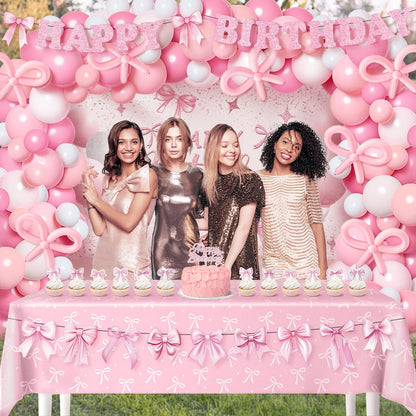 Pink Bow Coquette Birthday Decorations for 24 Guests, Party Supplies with Plates, Napkins, Cups, Balloon Garland Arch, Happy Birthday Banner, Tablecloth, Backdrop, Cake & Cupcake Toppers